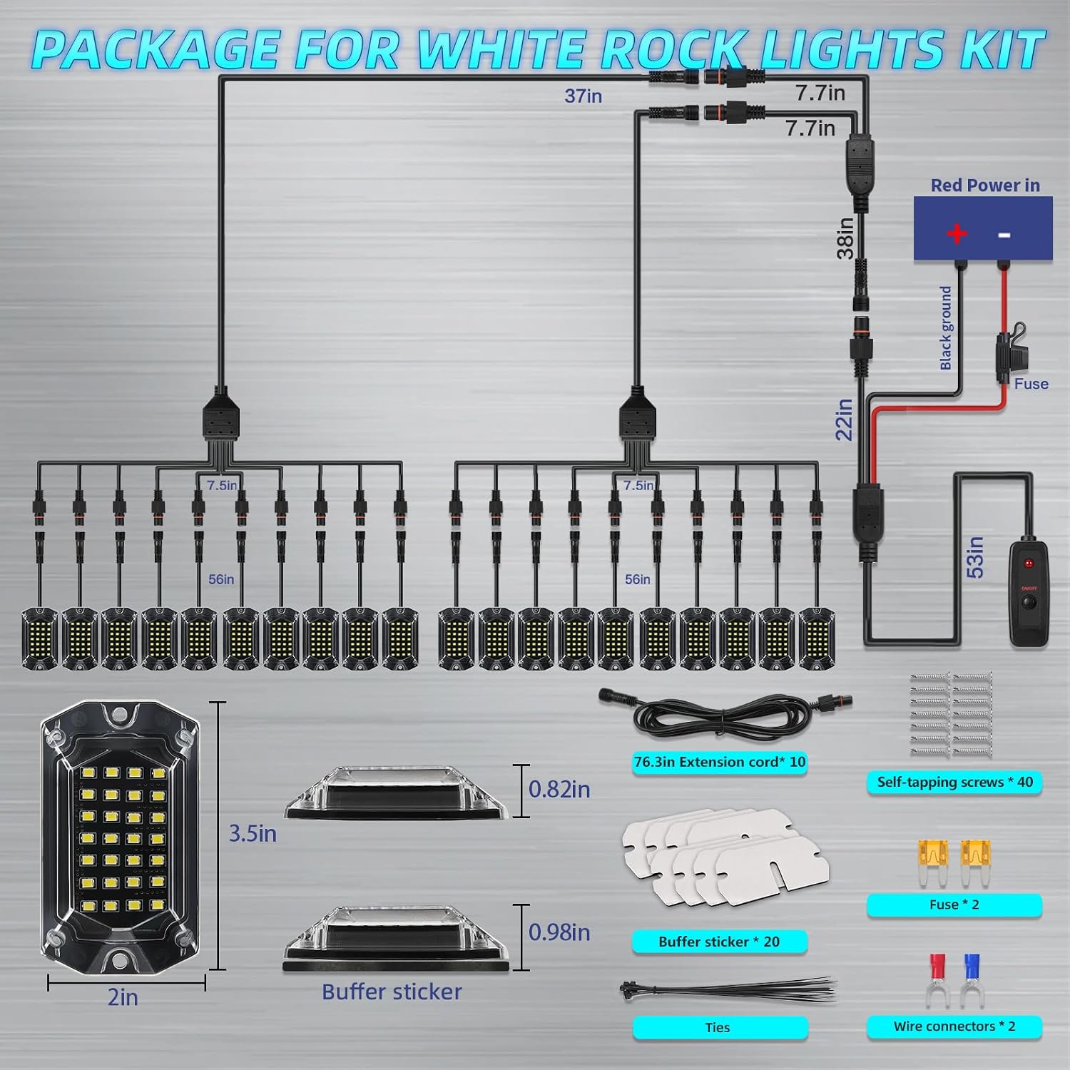 20Pods Full Angle All Pure White LED Rock Lights Full Kit Plug and Play & Pre Wired 6500K with Switch Harness Wiring Extension Fuse, 560Chips Waterproof Underglow 12V for Semi Trucks Pickup Offroad