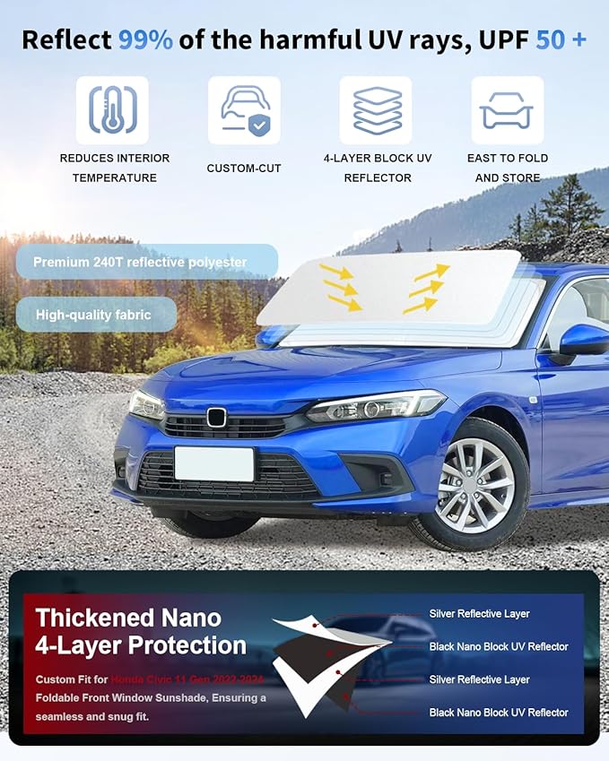 for Civic 2026 2025 2024 2023 2022 Windshield Sun Shade Custom Fit Honda Civic - Image 5