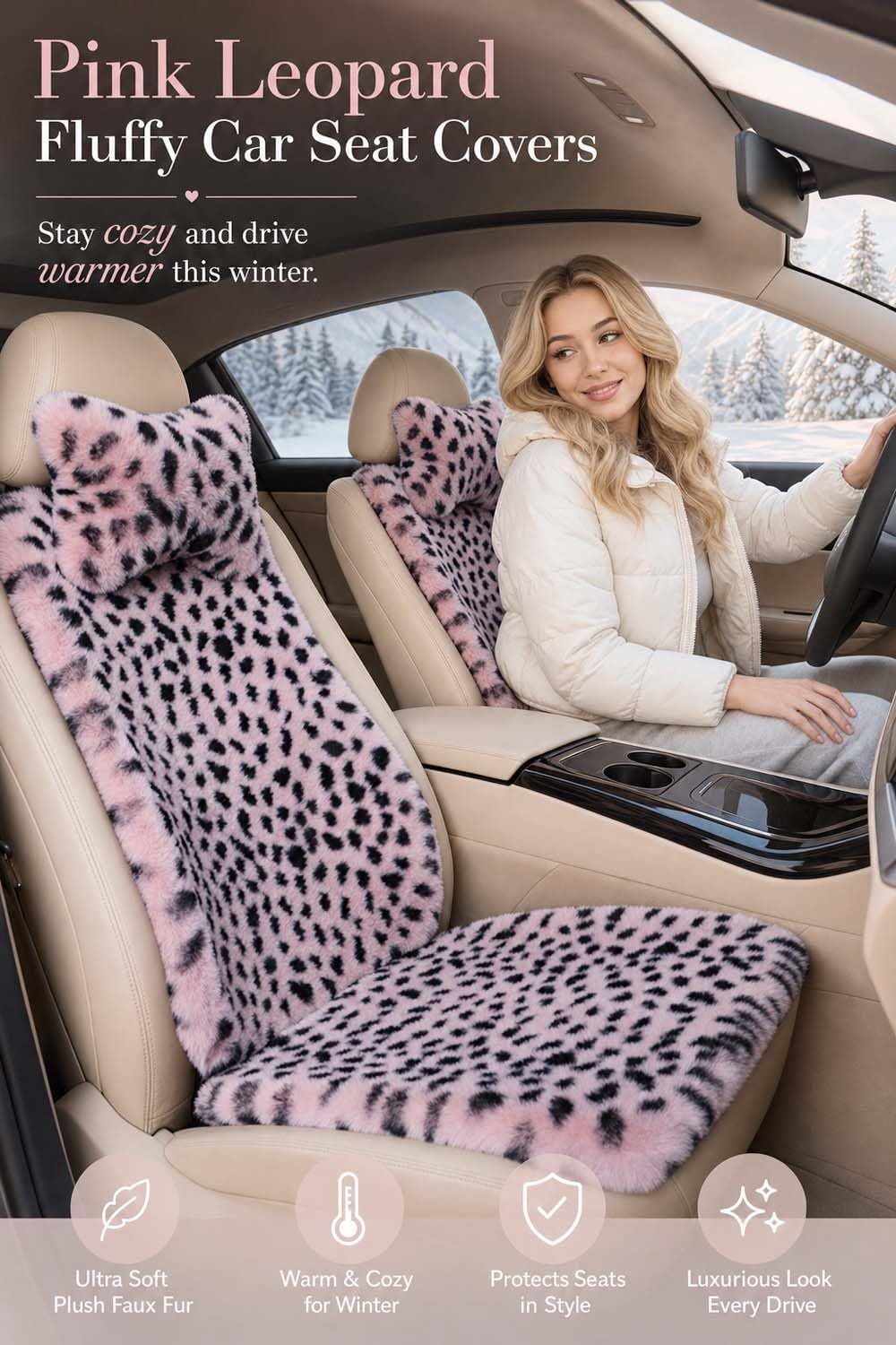 fluffy leopard car seat cover 9pcs universal anti-slip shown in use