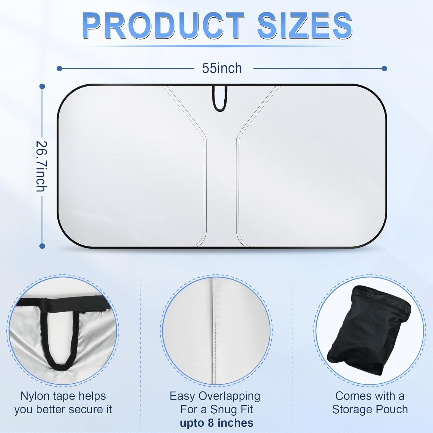 SINGARO 300T Universal Car Windshield Sun Shade, Foldable Reflective for Windshield & Window Shades with Overlapping Design, Car Interior Accessories (55" L x 26.7" W)