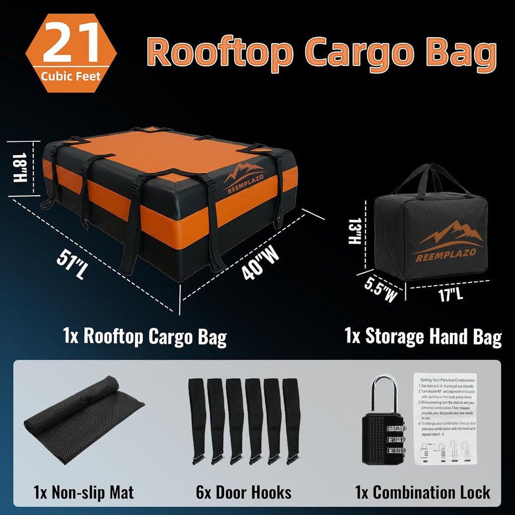 21 Cubic Feet Rooftop Cargo Carrier Bag, Waterproof Heavy Duty Car Roof Bag for SUV Pickup Truck with/Without Roof Racks, Travel Camping Roof Top Luggage Storage with Anti-Slip Mat (Black Orange)
