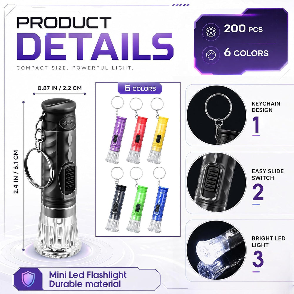 200 Pcs Mini Flashlight Keychain Bulk,Multicolor