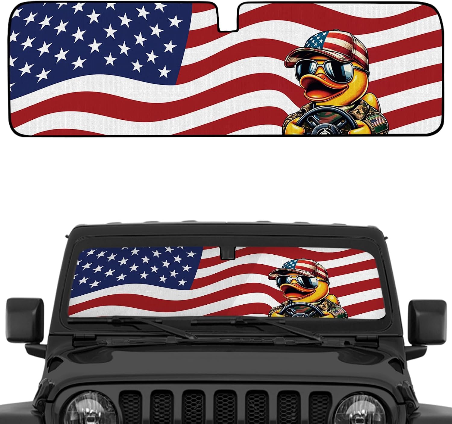 OYIXIO Duck Windshield Sun Shade, Cute Shade Heat Shield，51.57 in *16.14 in, Compatible with JK JKU TJ 2 Door / 4 Door. (Flag)