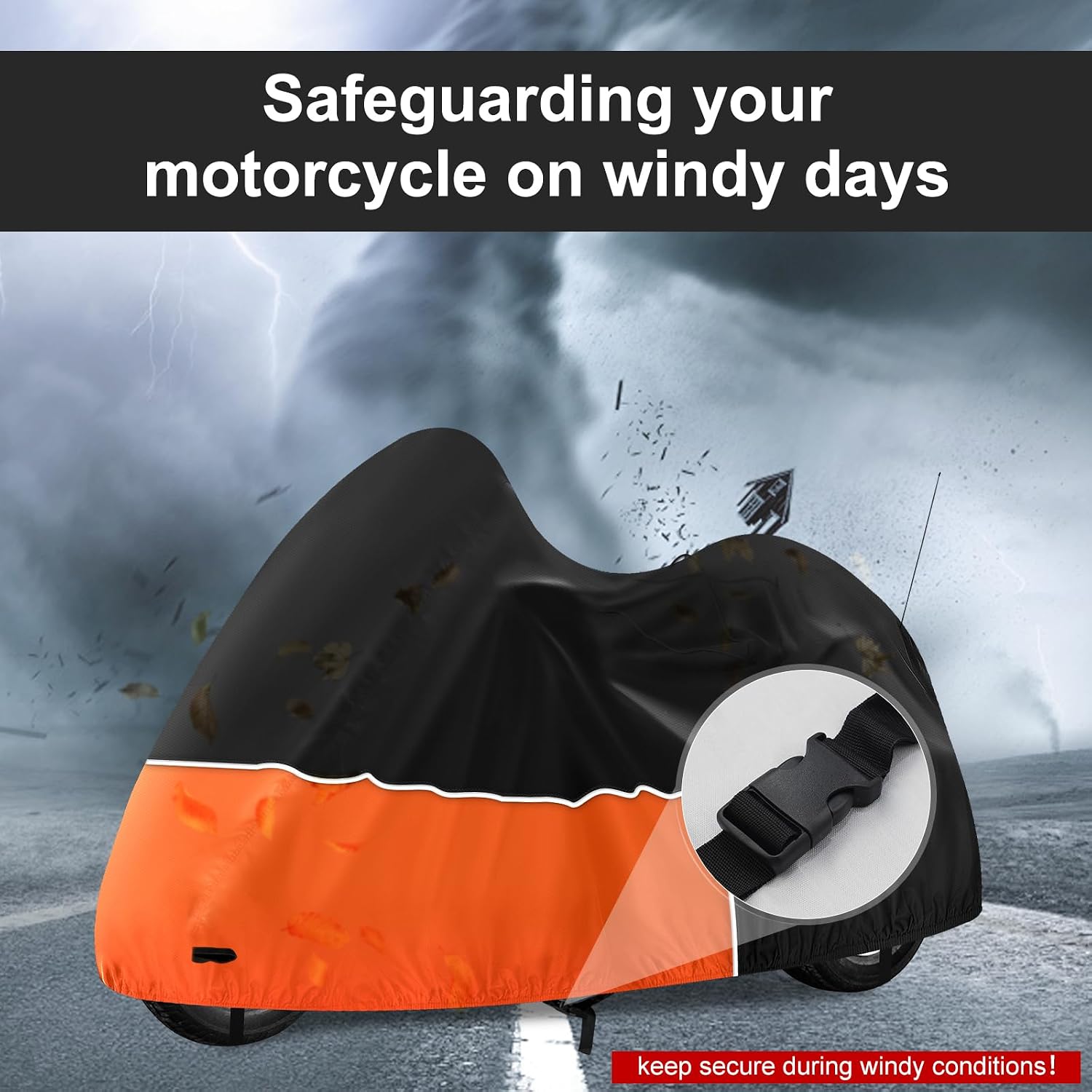 Trike Cover, Waterproof 3 Wheel Motorcycle Cover for Harley Davidson, Honda Goldwing, Kawasaki Trike Accessories, with Windproof Buckle, Reflective Strap, Black&Orange