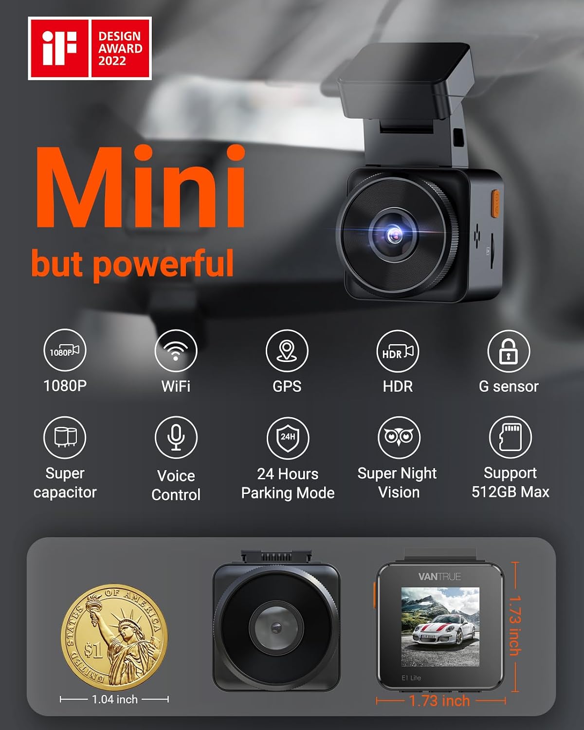 vantrue e1 lite 1080p mini dash cam, 60fps shown in use