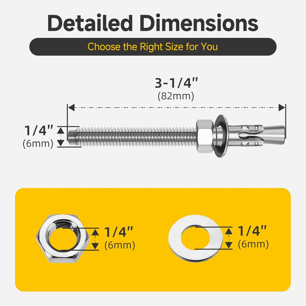 Mywish (100-Pack) 1/4" x 3-1/4" 304 Stainless Steel Wedge Anchors f...