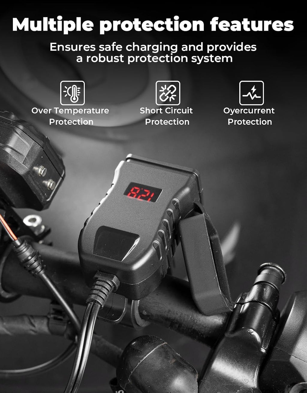 KEMIMOTO Motorcycle USB Charger with USB-C and USB-A Ports, 61-Inch Extra-Long IP66 Waterproof Cable, 30W 3.0 Fast Charging for Phone GPS, On/Off Switch, SAE 5A Fuse, Fits 7/8" Handlebars on ATV, UTV