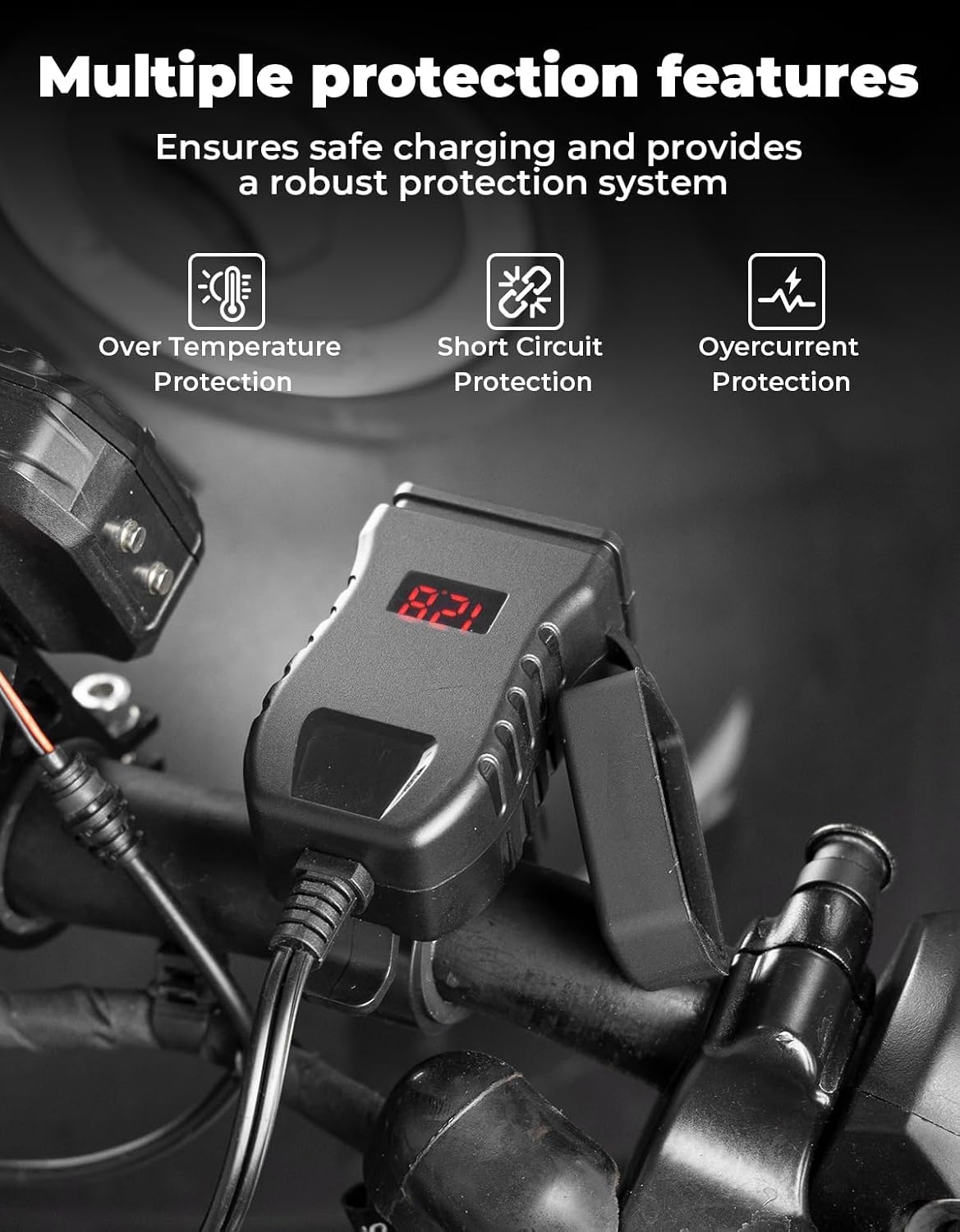 KEMIMOTO Motorcycle USB Charger with USB-C and USB-A Ports, 61-Inch Extra-Long IP66 Waterproof Cable, 30W 3.0 Fast Charging for Phone GPS, On/Off Switch, SAE 5A Fuse, Fits 7/8" Handlebars on ATV, UTV