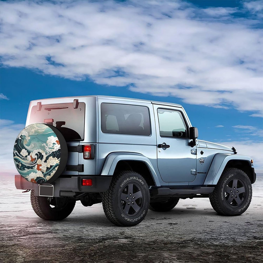 Japanese Wave Floral Pattern Spare Tire Cover 15 inch, Universal Waterproof Dust-Proof Sun Protection Cover with Adjustable Nylon Rope Easy Installation for Jeep Trailer SUV Truck RV