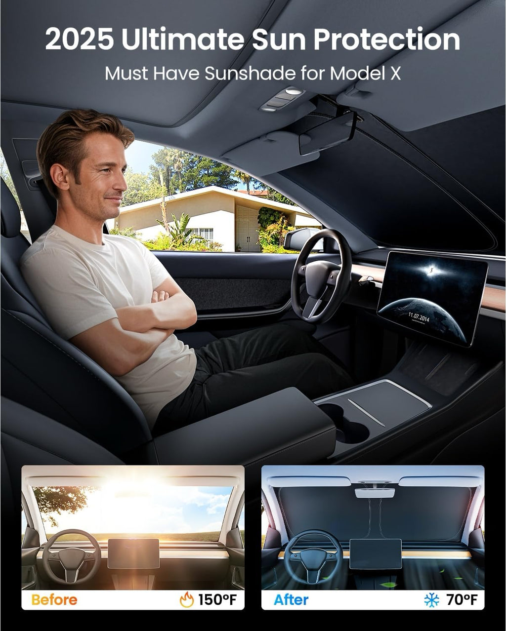 REEVAA Upgraded Tesla Model X Sunshade Windshield [Tailored Fit, 99% Sun Protection] Excellent Foldable and Easy-Use Sunshade Accessories with Storage Bag Fit Model X 2021-2025, Silver Coating