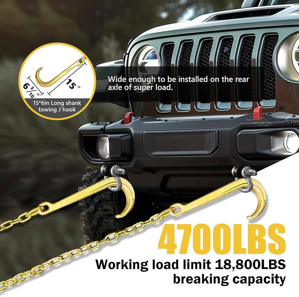 2PCs G80 j Hooks Tow Chain, 5/16" x10' Recovery Tow Hooks Chain 15IN J Hook w/RTJ & Grab Hook, 18800LBS Wrecker Towing Truck Equipment Accessories J Hooks, Bridle Tow Transport Chain