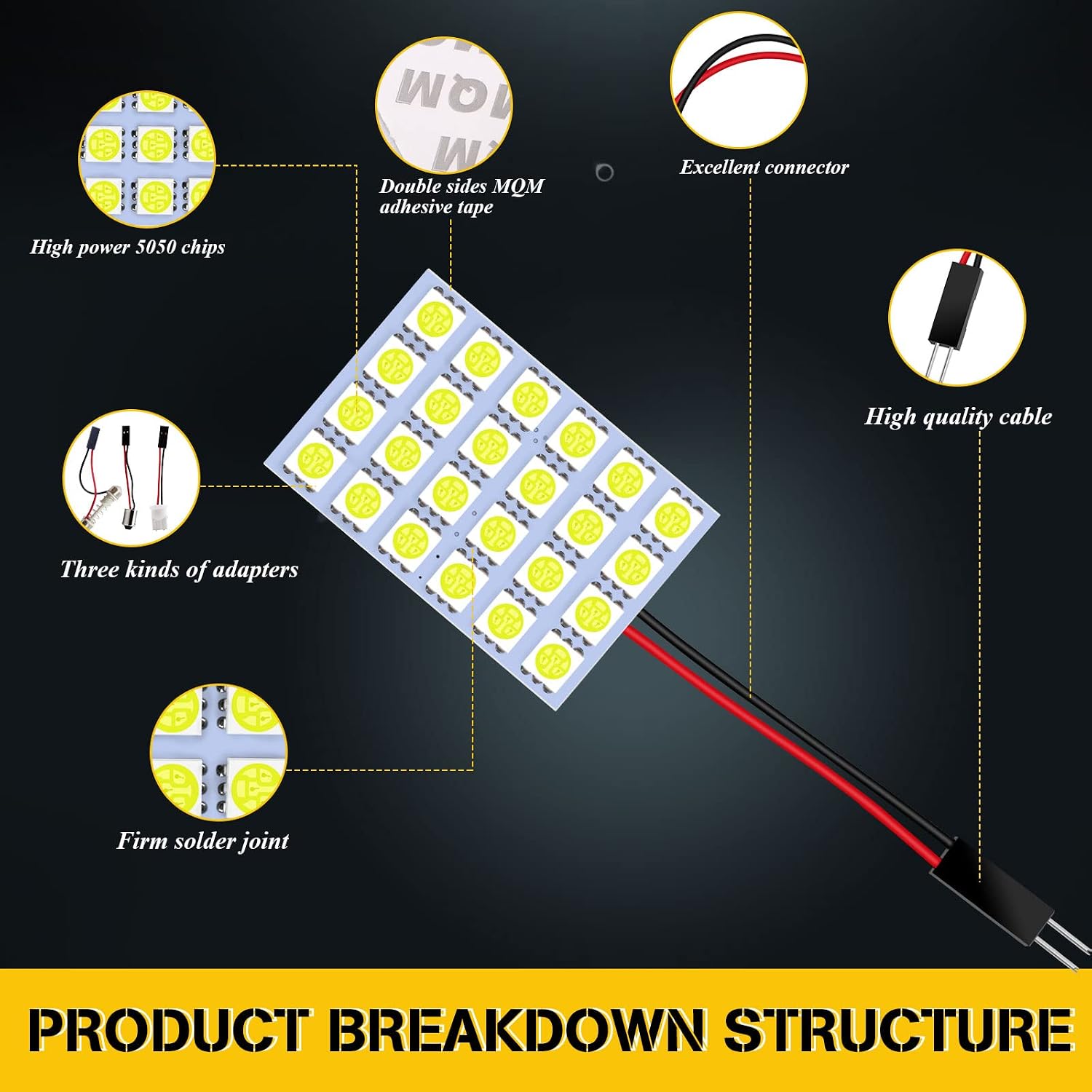 YM E-Bright 5-Pack White 5050 24SMD Led Panel Dome Light Lamp Auto Car Reading Interior Lamp DC 12V With T10 / BA9S / Festoon Adapters
