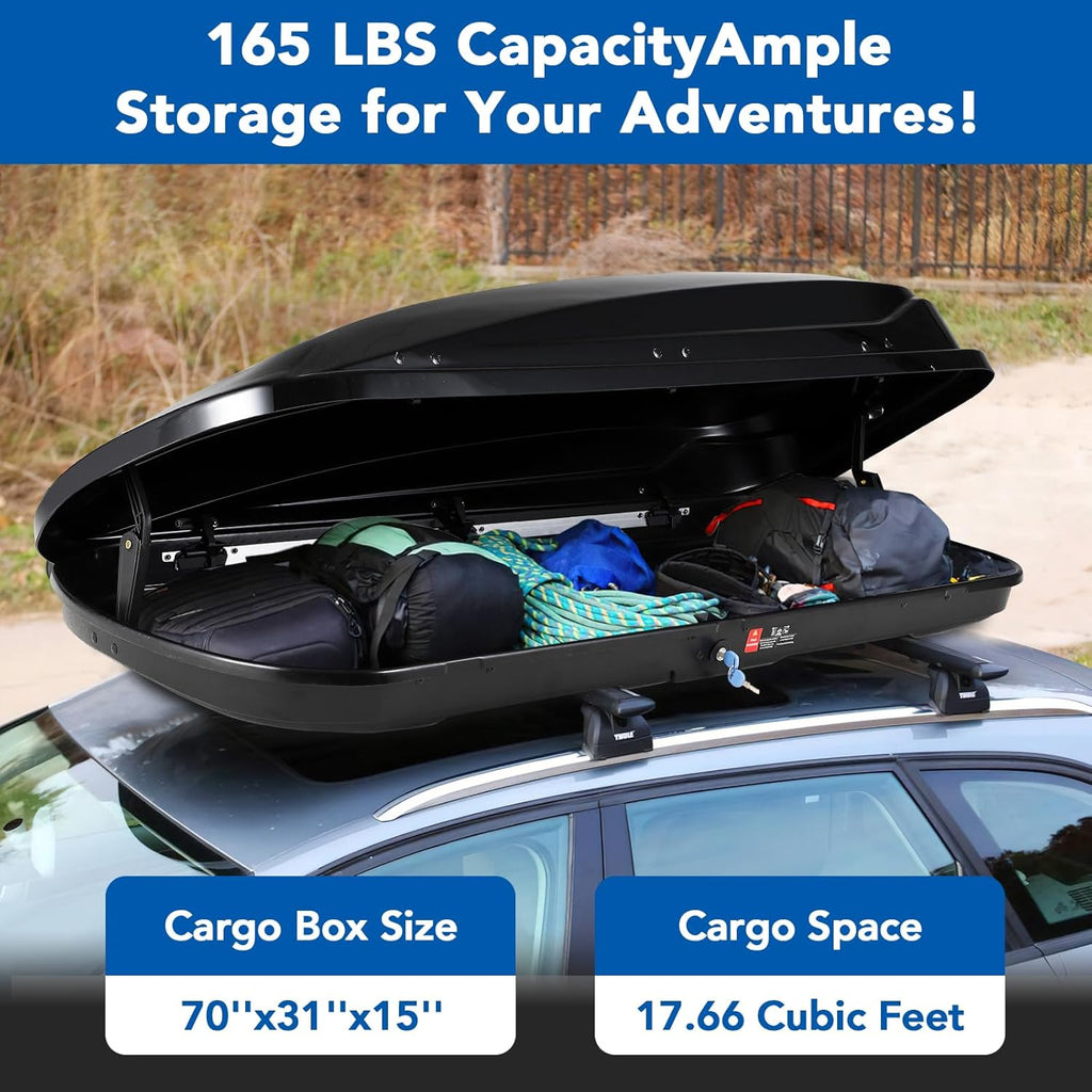 Garvee Heavy Duty Hard Shell Roof Top Cargo Carrier - 70(L) x31(W) x15(H) Waterproof Lockable Storage Box Capacity 165 Lbs 17.7 Cu Ft - Tool-Free Install- Fits SUV, Truck, Van