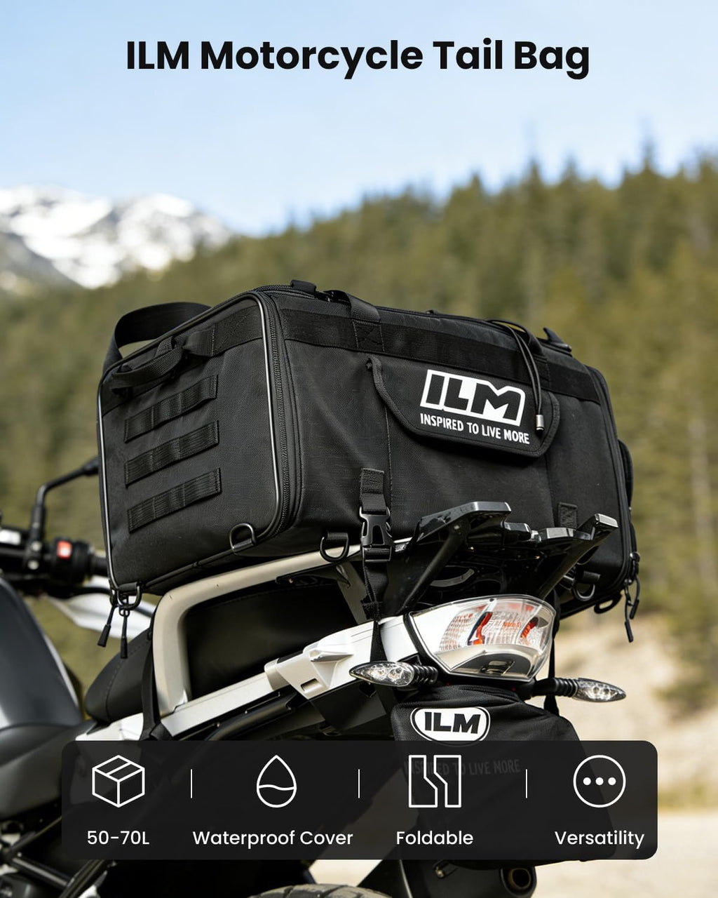ILM Motorcycle Tail Bag 50-70L Travel Luggage Motorbike Rear Rack Trunk Shoulder Backpack with Rain Cover Model BL02