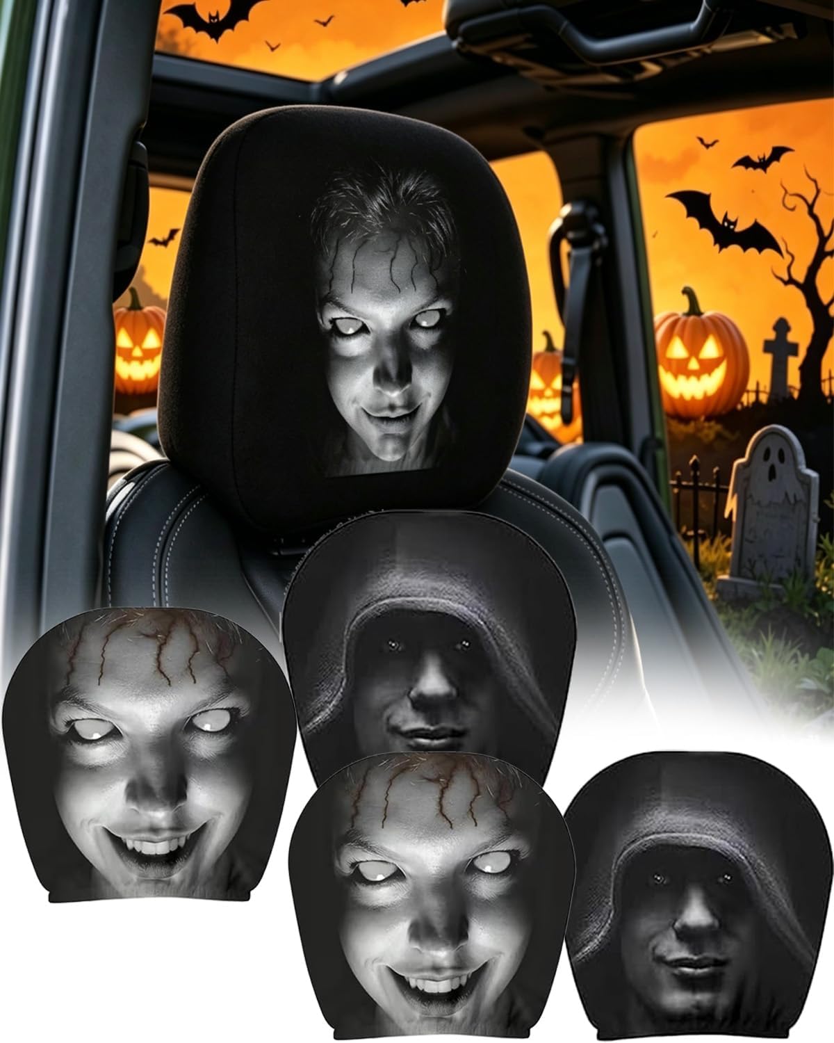 4 Pcs Ghost face Headrest Covers for Cars, Universal Spooky Halloween Auto Interior Decor, Funny Cartoon Creepy Car Head Rest Protector Case for Vehicle Truck SUV (Set A)