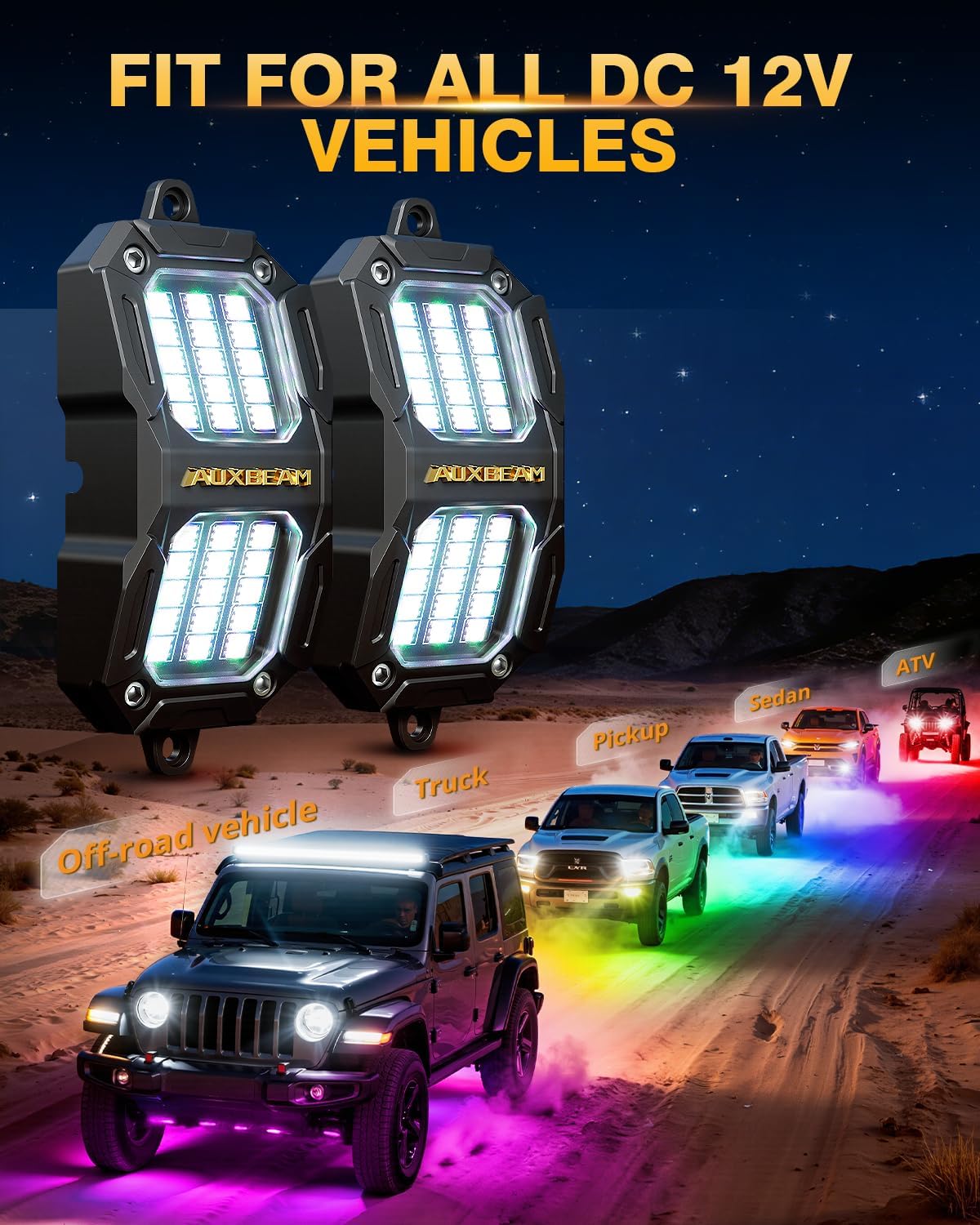 Auxbeam 8-Pod RGB LED Rock Lights w/Brake Mode 217°Dual-Side Lighting Underglow Kit w/Bluetooth APP & Remote Control Music Voice Sync Waterproof Wheel Well Lights for Trucks Offroad RV 2 Year Warranty