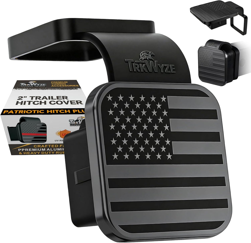 2" Hitch Cover with Retention Ring, CAR-WASH-Safe, Aluminum Flag Emblem, UV-Resistant Rubber Body Formulated to Prevent Cracking in Summer, Patriotic Hitch Plug (Black)