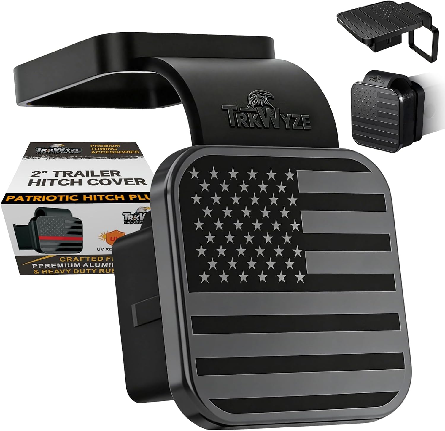 2" Hitch Cover with Retention Ring, CAR-WASH-Safe, Aluminum Flag Emblem, UV-Resistant Rubber Body Formulated to Prevent Cracking in Summer, Patriotic Hitch Plug (Black)