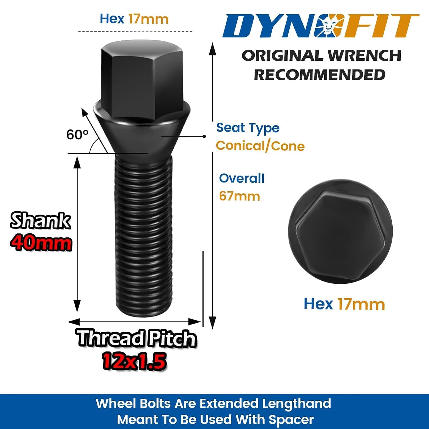 Dynofit M12x1.5 Lug Bolts Compaible with BMW E90 E36 E30 E34 E28, 40mm Shank 17mm hex Aftermarket Extended Wheel Bolts Set for 15mm Spacer, 12x1.5 Conical Seat Shiny Bolt/Studs for E23 E82 E93 E92