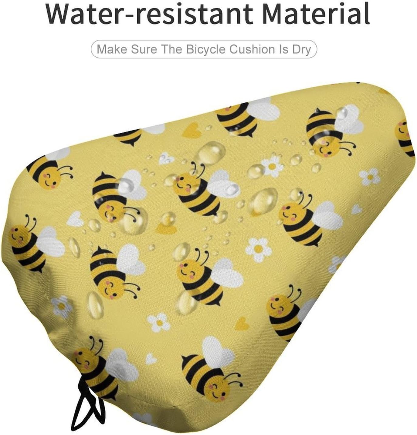 Bike Seat Cover for Most Saddles, Adjustable Bicycle Saddle Protector with Drawstring to Easy Store, Dustproof and Waterproof, Cute Honeybee Bee Light Yellow