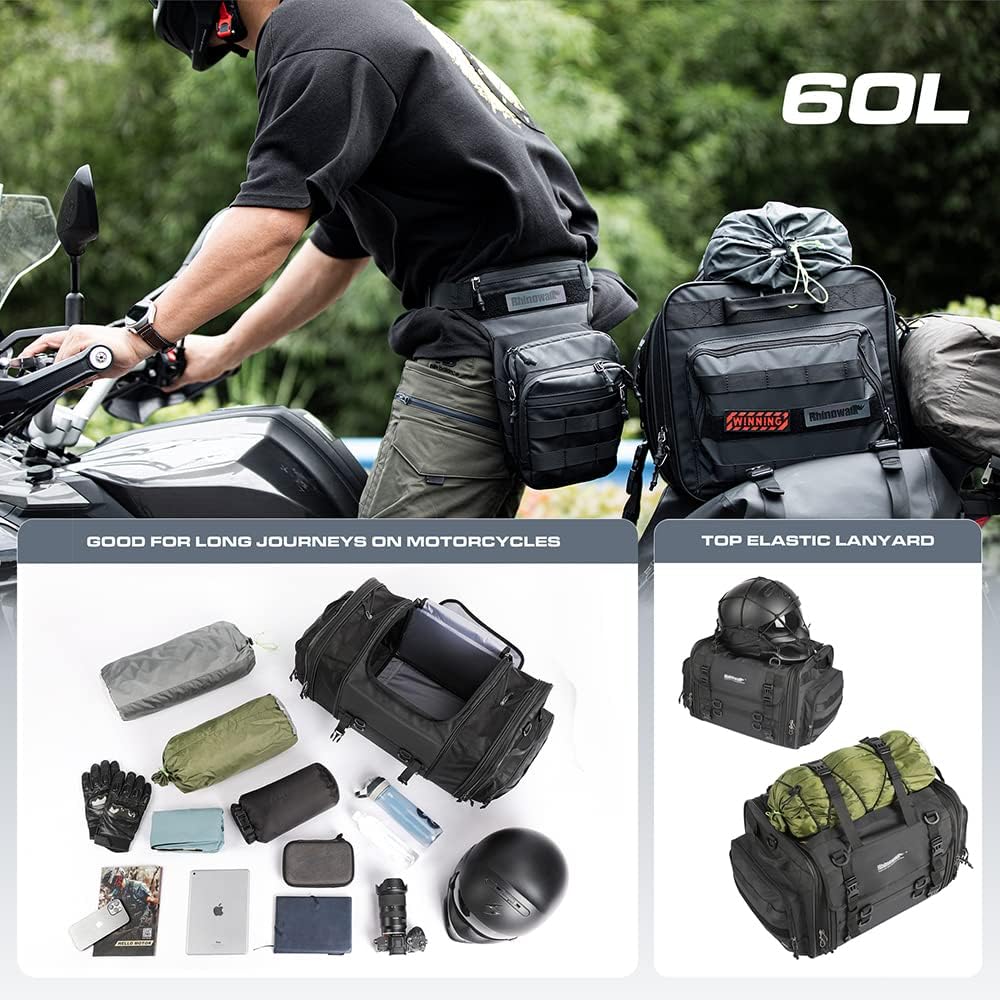 Rhinowalk Motorcycle Tail Bag Expandable Motorcycle Travel Luggage 60L Waterproof All Weather/Trunk/Rack Bag with Sissy Bar Straps-Black