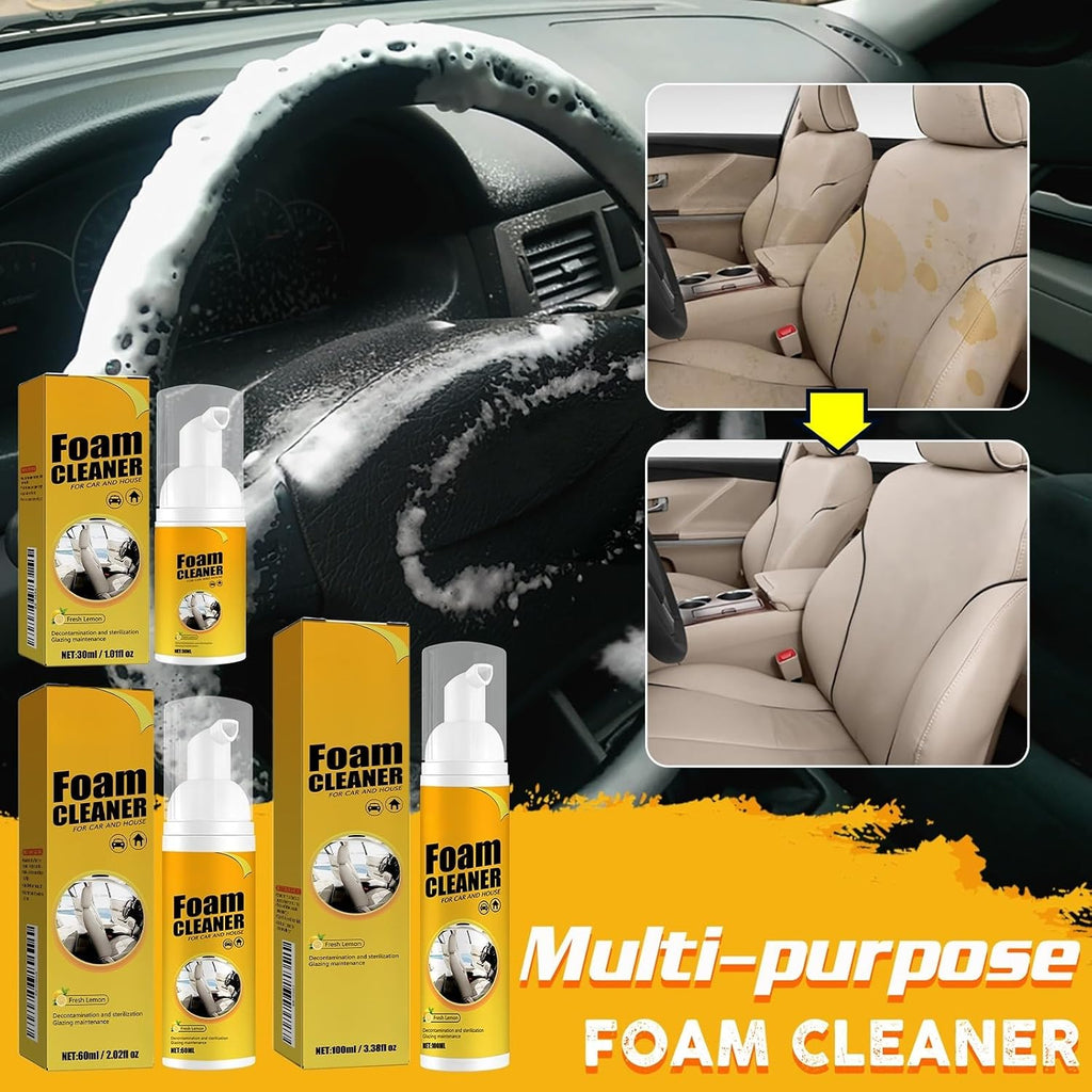 Multi-Purpose Foam Cleaner for Car and Home, Car Steering Wheel Foam Cleaner,100ml, Fresh Lemon Scent, with Cleaning Accessories, 2-Pack