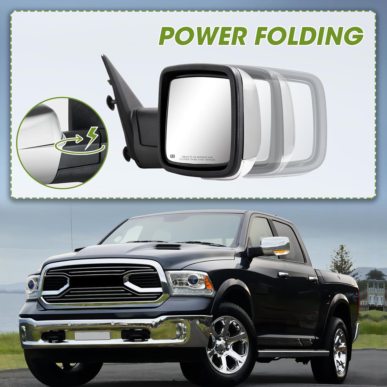 Chrome Power Folding Side Mirrors for Dodge Ram - Heated Tow Mirrors with Turn Signal & Puddle Light - Compatible with Ram 1500 (2009-2018), 2500/3500 (2010-2024), 1500 Classic (2019-2024)