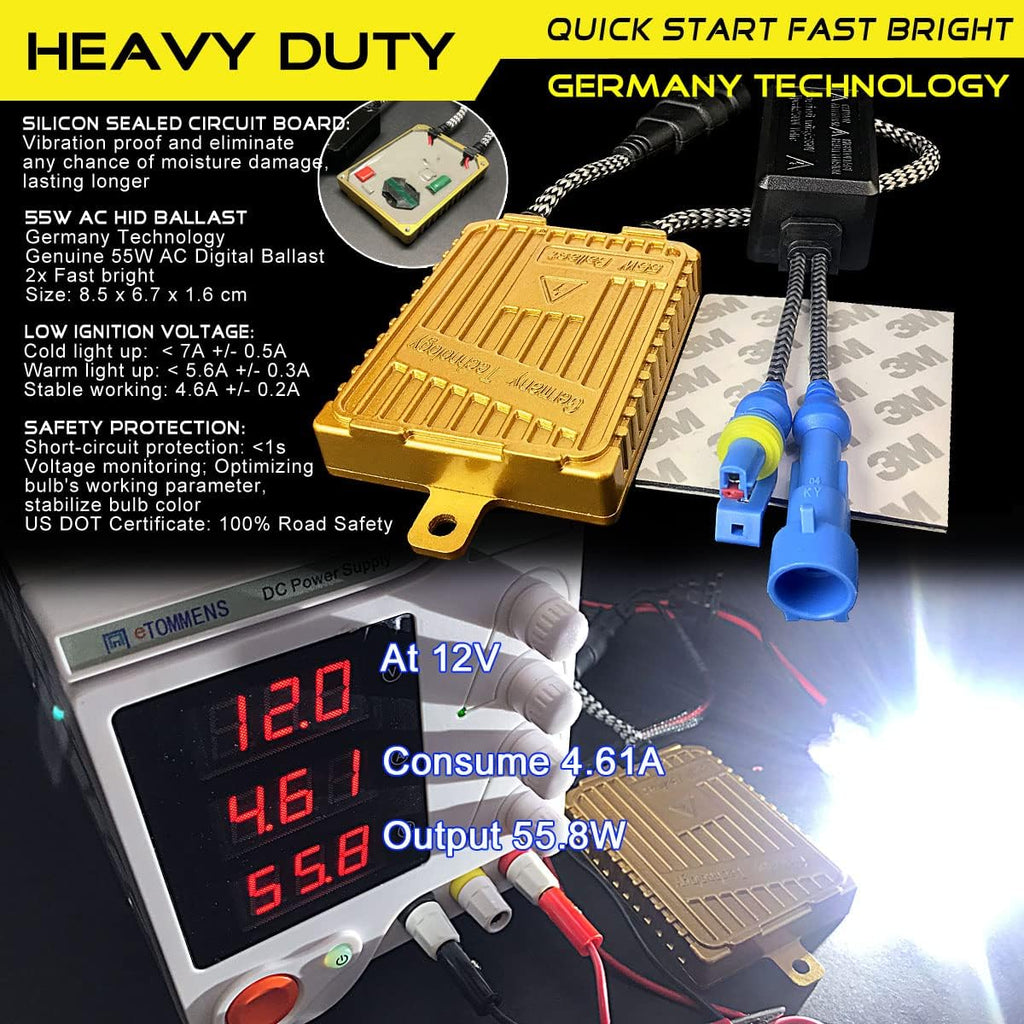 55W Heavy Duty HID Xenon Replacement Bulbs Bundle with AC Digital HID Fast Bright Replacement Ballast for 12V Vehicles (8000K Iceberg, HB4/9006)
