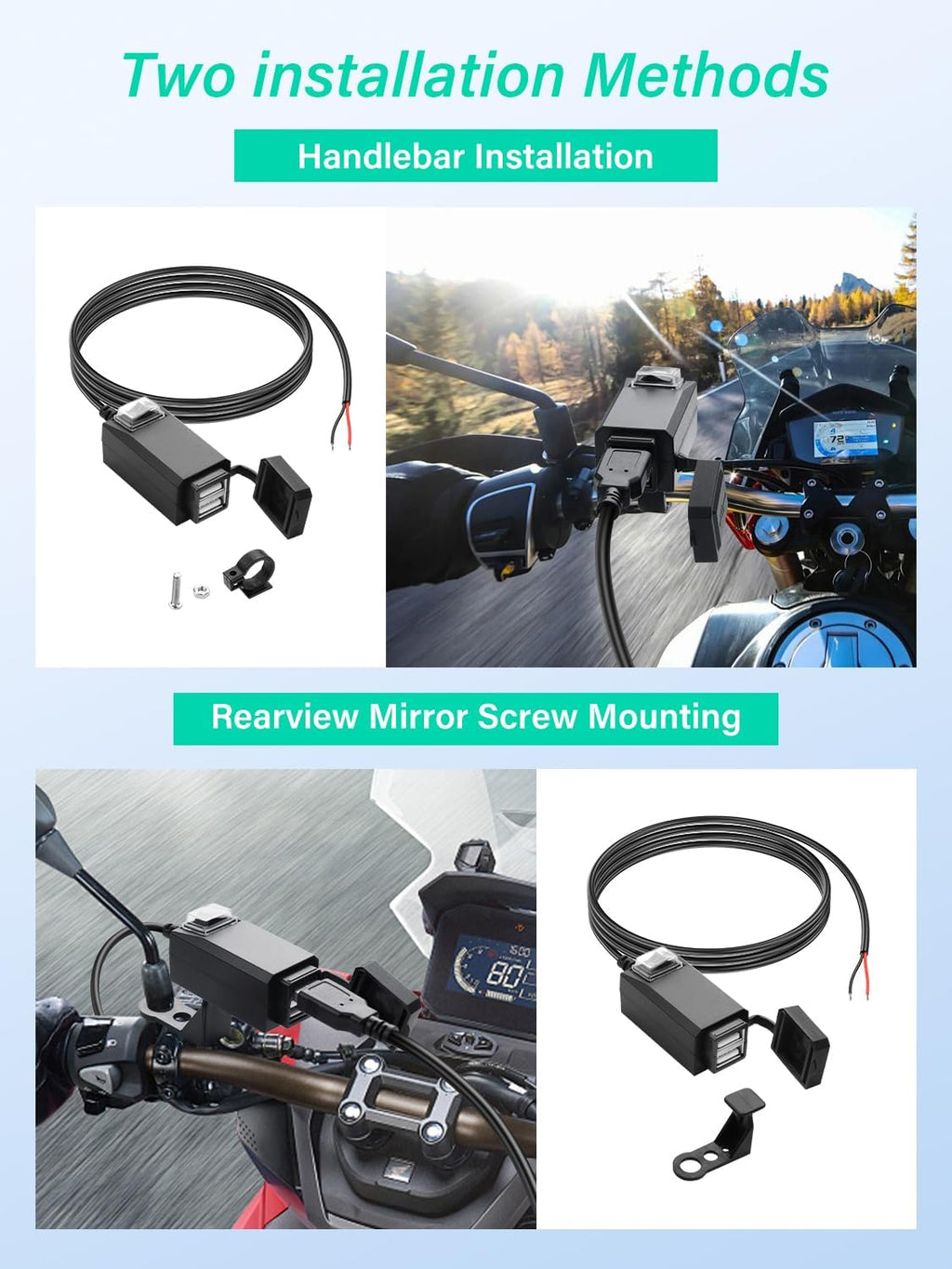 Motorcycle USB Charger, 3.1A Dual USB Motorcycle Waterproof Charger with Switch for Phone, Tablet, GPS, etc-1.2M/3.9ft
