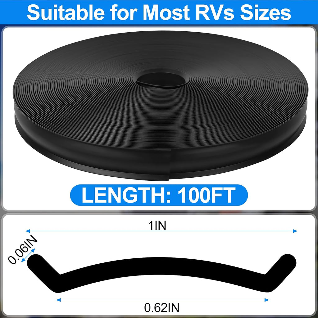 1" RV Trim Molding Insert, 100 FT Heavy Duty RV TPE Trim Molding Weather Stripping Exterior Replacement, Waterproof Screw Cover Corner for Camper Travel Trailer Boat Channel, Black