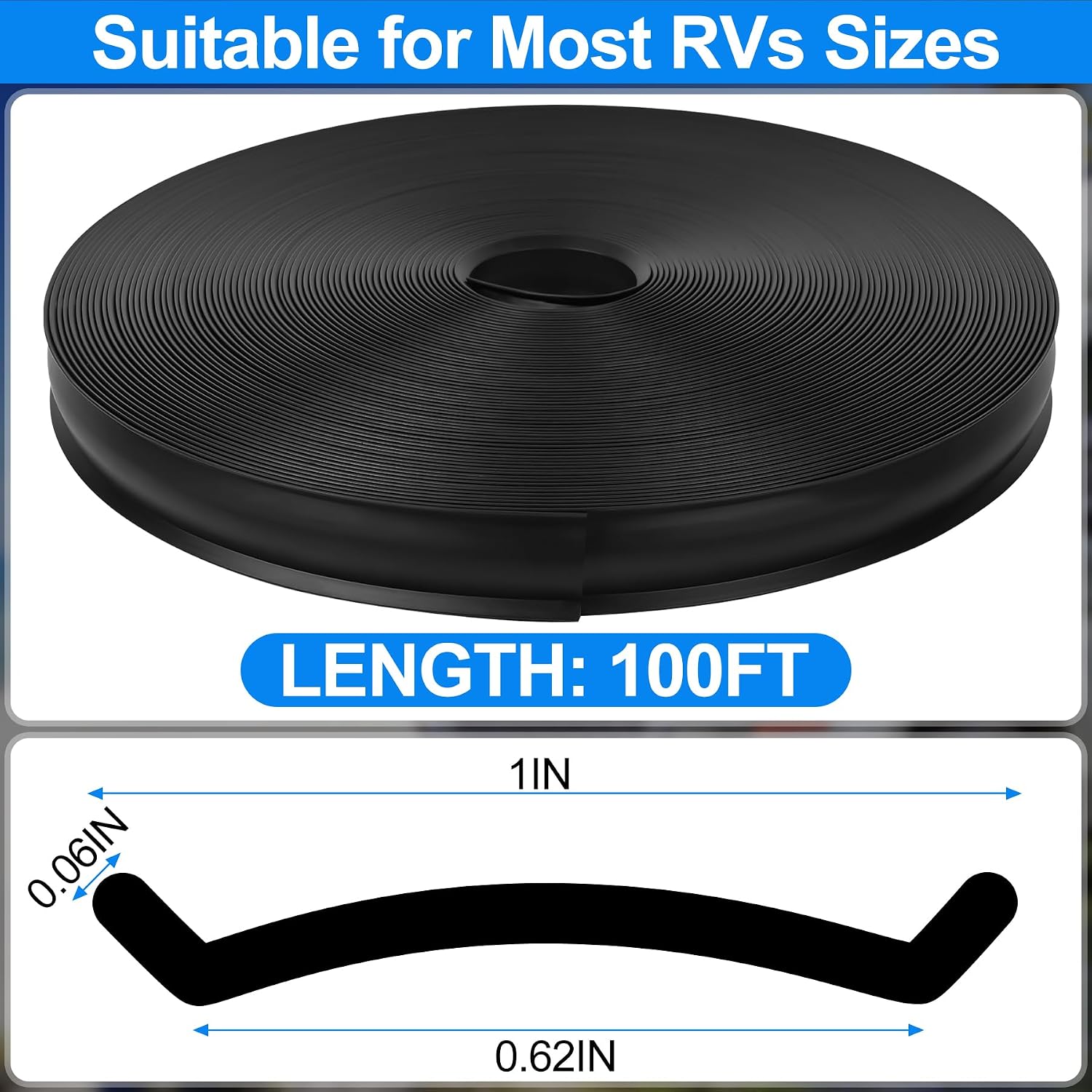 1" RV Trim Molding Insert, 100 FT Heavy Duty RV TPE Trim Molding Weather Stripping Exterior Replacement, Waterproof Screw Cover Corner for Camper Travel Trailer Boat Channel, Black