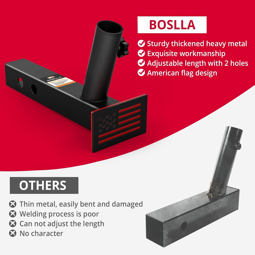Boslla Hitch Flag Pole Holder, Trailer Hitch Flagpole Mount Holder Universal for Standard 2 inch Receivers, Compatible with Truck Jeep Pickup RV SUV (US Patent Design)