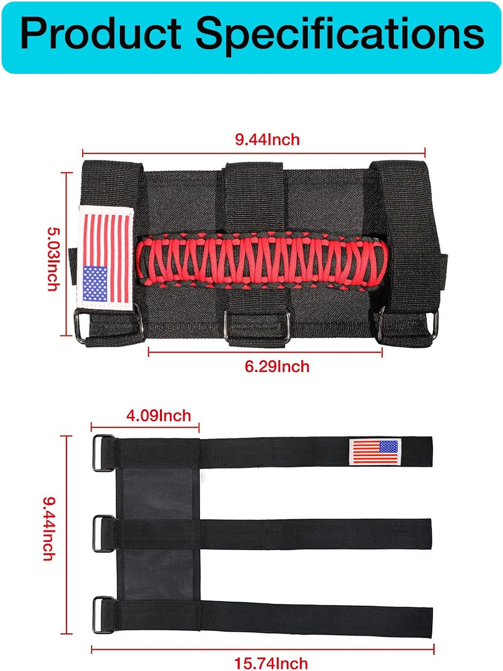 GAIZON 4 Pack Grab Handles Paracord Roll Bar for Jeep Wrangler Accessories CJ YJ TJ JL JK LJ JLU JKU Sahara Freedom Rubicon,Gladiator JT 1955-2023 Interior Accessories with America Flag(Red)