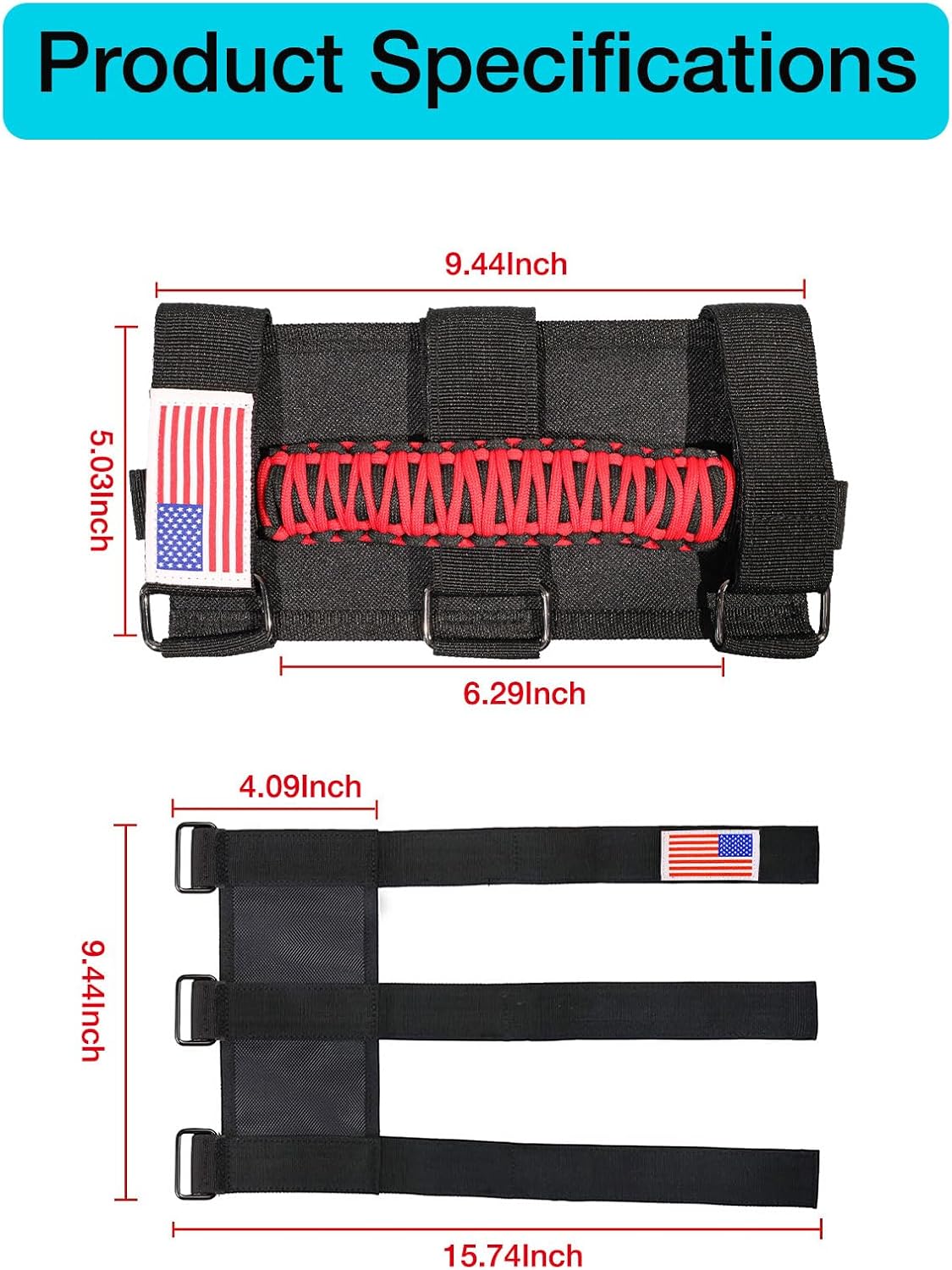 GAIZON 2 Pack Grab Handles Roll Bar Paracord for Jeep Wrangler Accessories Sahara Freedom Rubicon CJ YJ TJ JL JK LJ JLU JKU,Gladiator JT 1955-2023 Interior Accessory,Grip Handle with LED Light(Red)