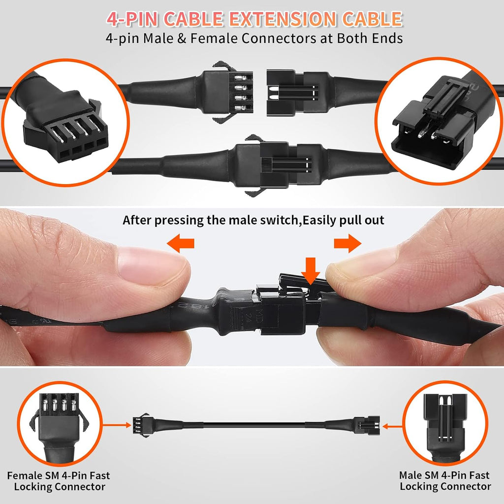 4PCS 47inch/3.93FT RGB LED Rock Lights Extension Cables Wire Cord 4PIN Snap-on Connector Underglow Lights Multi-Color Waterproof 12V for Trucks Jeep UTV ATV Golf Cart Offroad SXS RZR