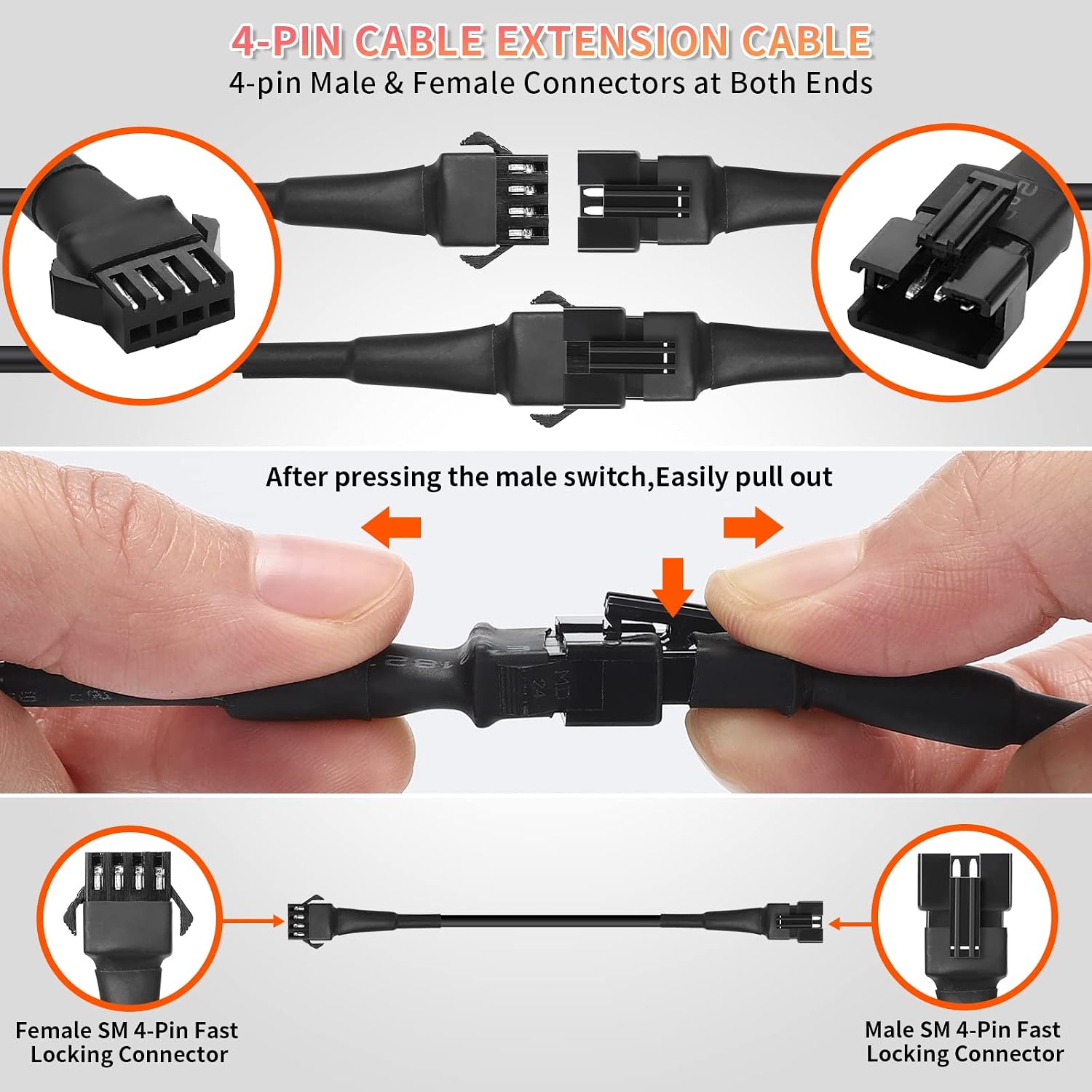 4PCS 47inch/3.93FT RGB LED Rock Lights Extension Cables Wire Cord 4PIN Snap-on Connector Underglow Lights Multi-Color Waterproof 12V for Trucks Jeep UTV ATV Golf Cart Offroad SXS RZR