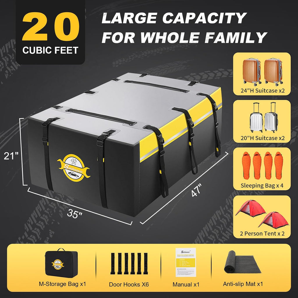 Sailnovo Rooftop Cargo Carrier 20 Cubic, Waterproof Car Roof Bag Soft-Shell Carriers Top Luggage Storage with Slip Mat, 6 Door Hooks & Heavy-Duty PVC for All Vehicle Roof with/Without Rack Cross Bar