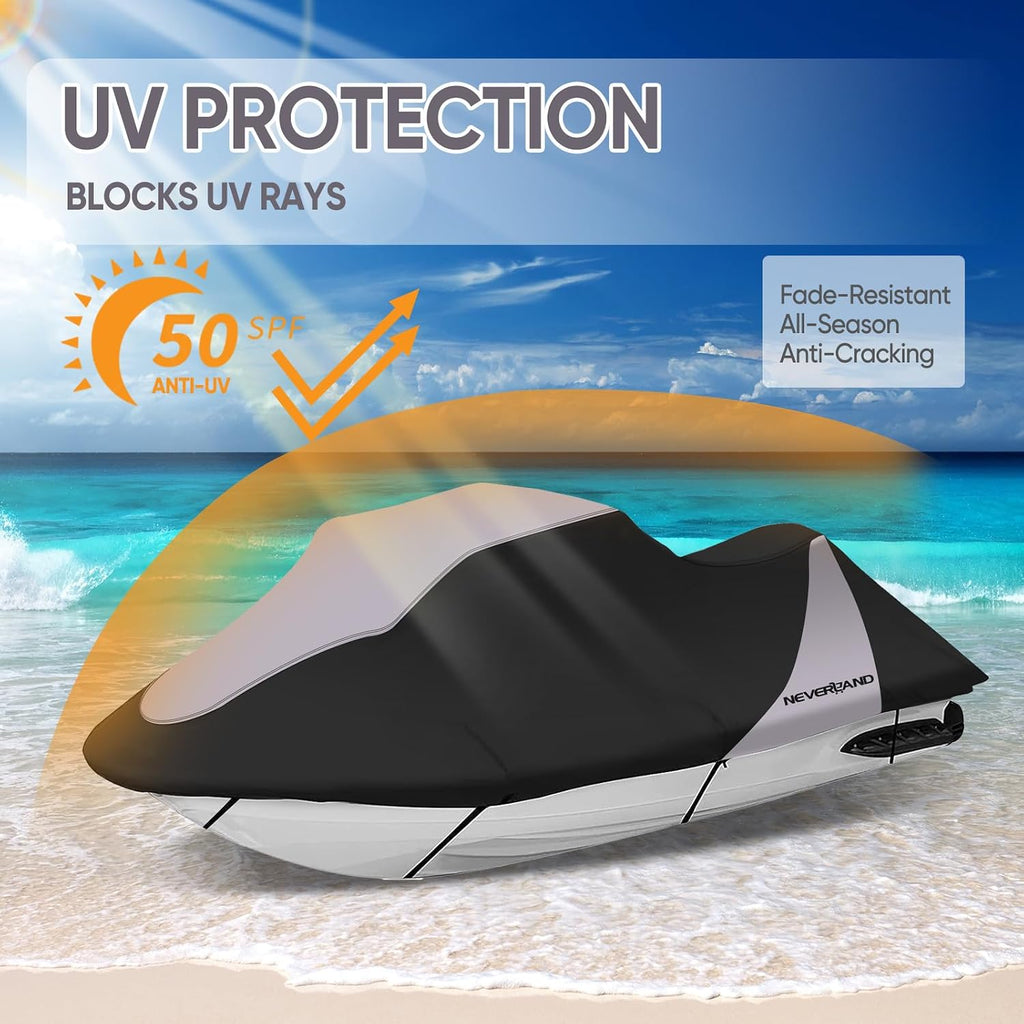 Trailerable Jet Ski Cover Waterproof - 600D Compatible with Yamaha Seadoo, Jetski Covers 2 3 Seater UV Resistant, Heavy Duty Jetski Cover with 2 Air Vents Personal Watercraft Cover 120" to 135"(Grey)