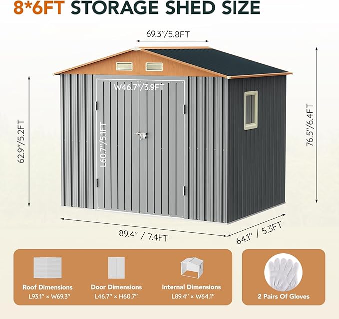 8x6FT Metal Shed & Outdoor Storage Shed, Steel Tool Multi-Used Shed - Image 8