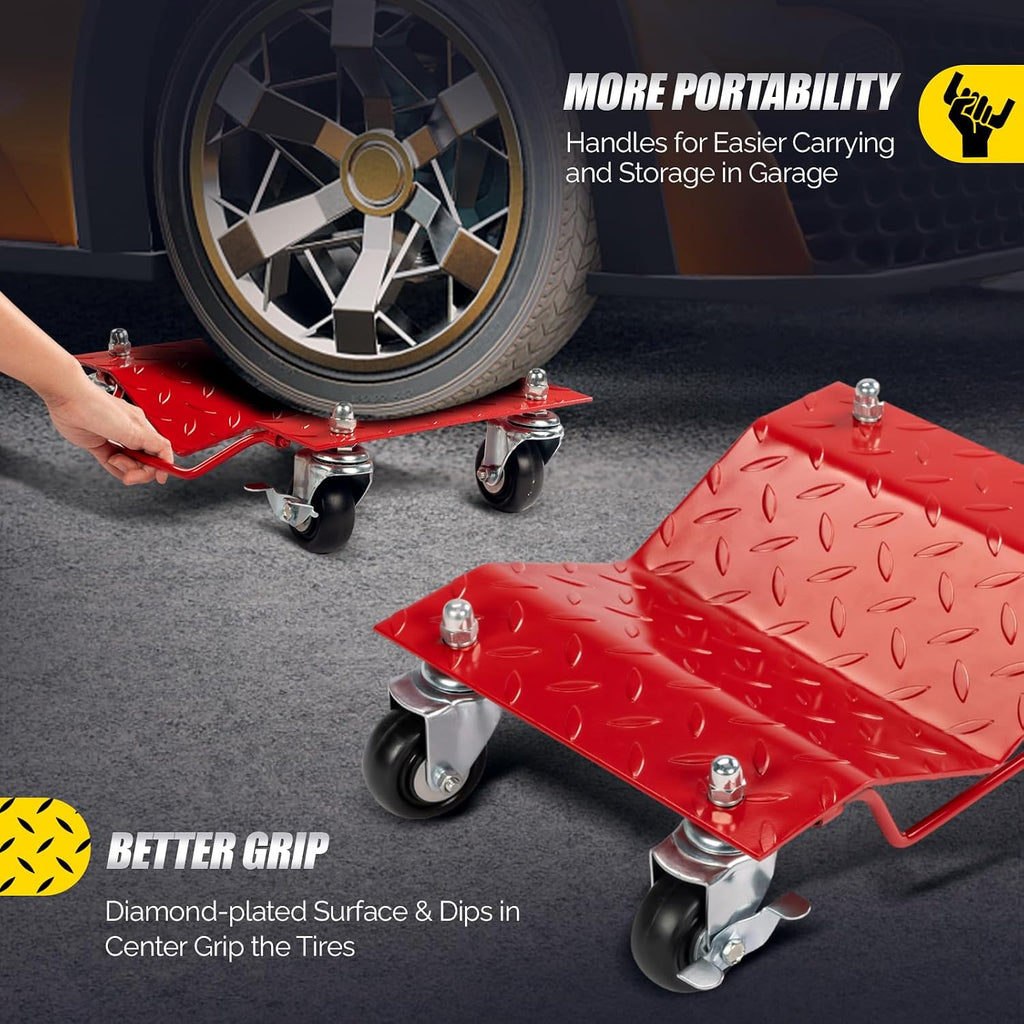 TUFFIOM Car Dolly Set of 4, 6000LBS Capacity Wheel Dollies, Heavy Duty Vehicle Dolly Upgraded, Steel Tire Skates with Brakes, Red