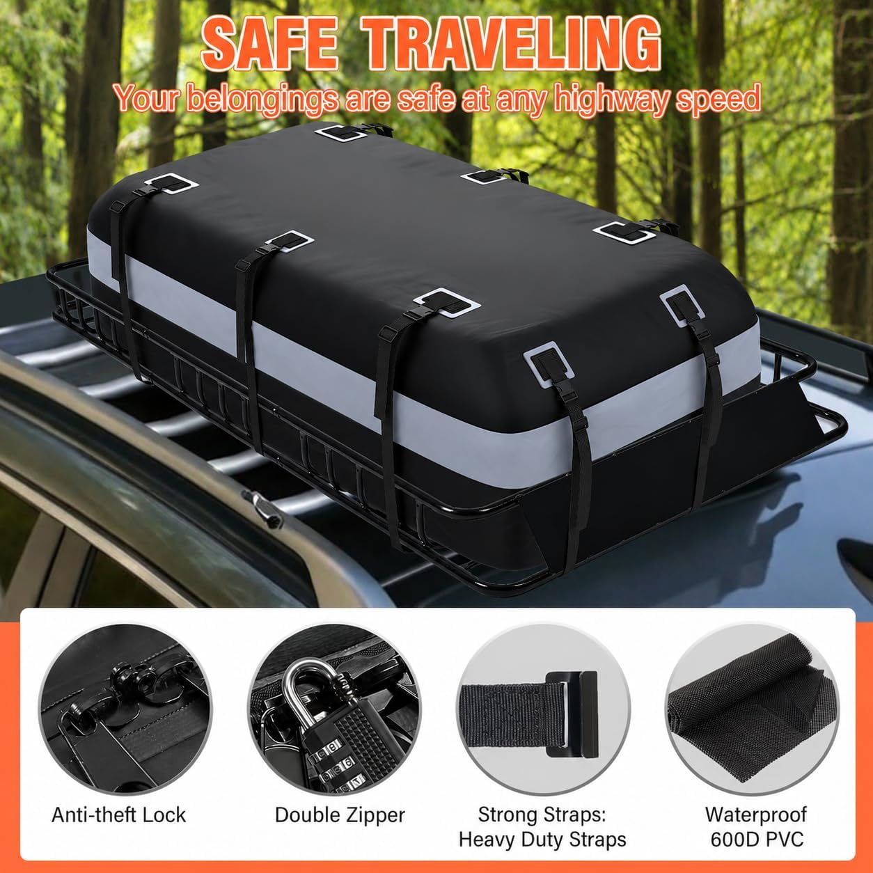 Adjustable Roof Rack Basket 45"-64" x 36" x 5" with 20 Cu.Ft Waterproof Cargo Bag - Heavy Duty Steel Cargo Carrier for SUV Truck Van, 250 lbs Capacity, Complete Accessory Kit