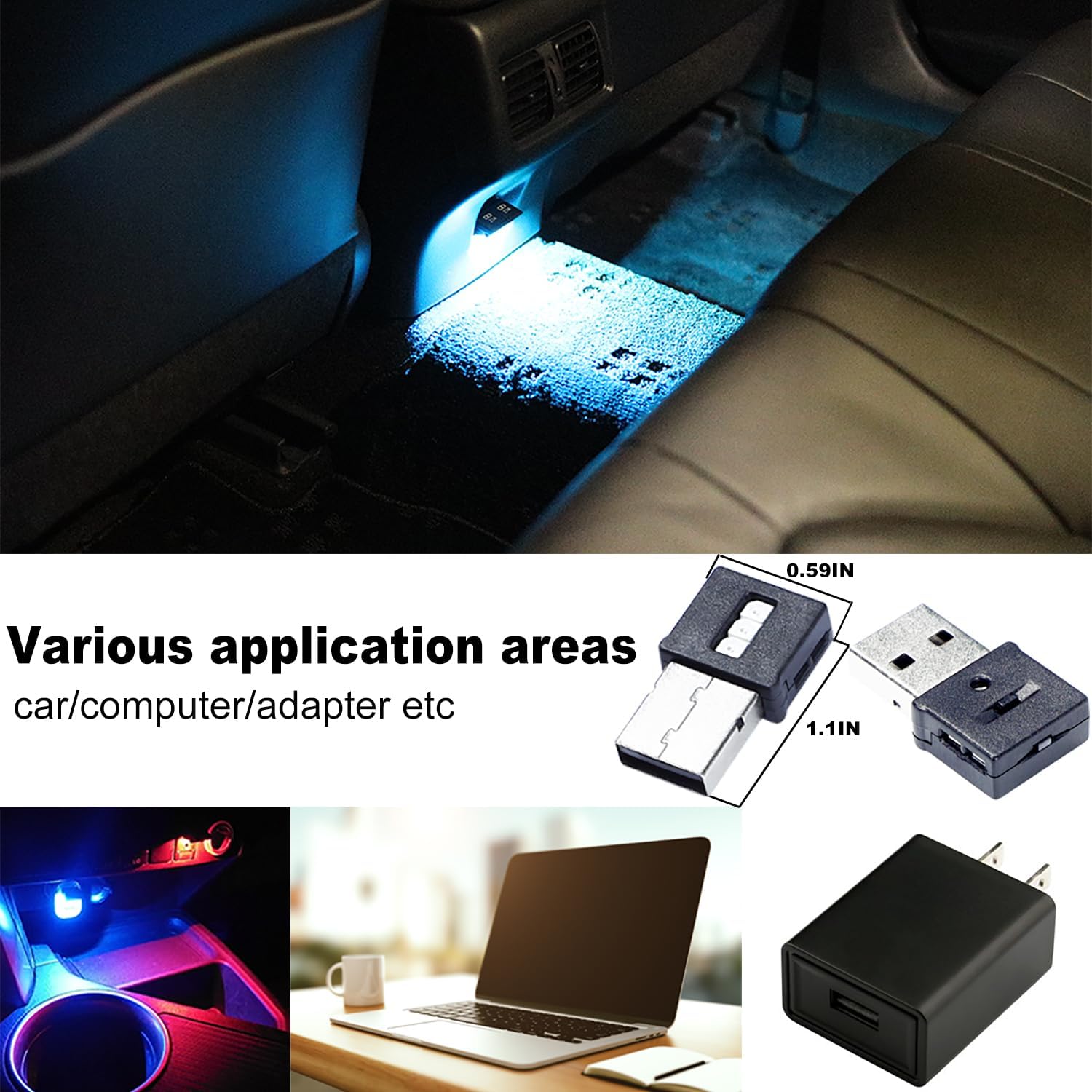 Three Sides Emit Light USB Type-A Car LED Ambient Light 7Leds RGB Atmosphere Lamp, Interior Dimmable Mood Lighting for Cars/SUV/Trucks