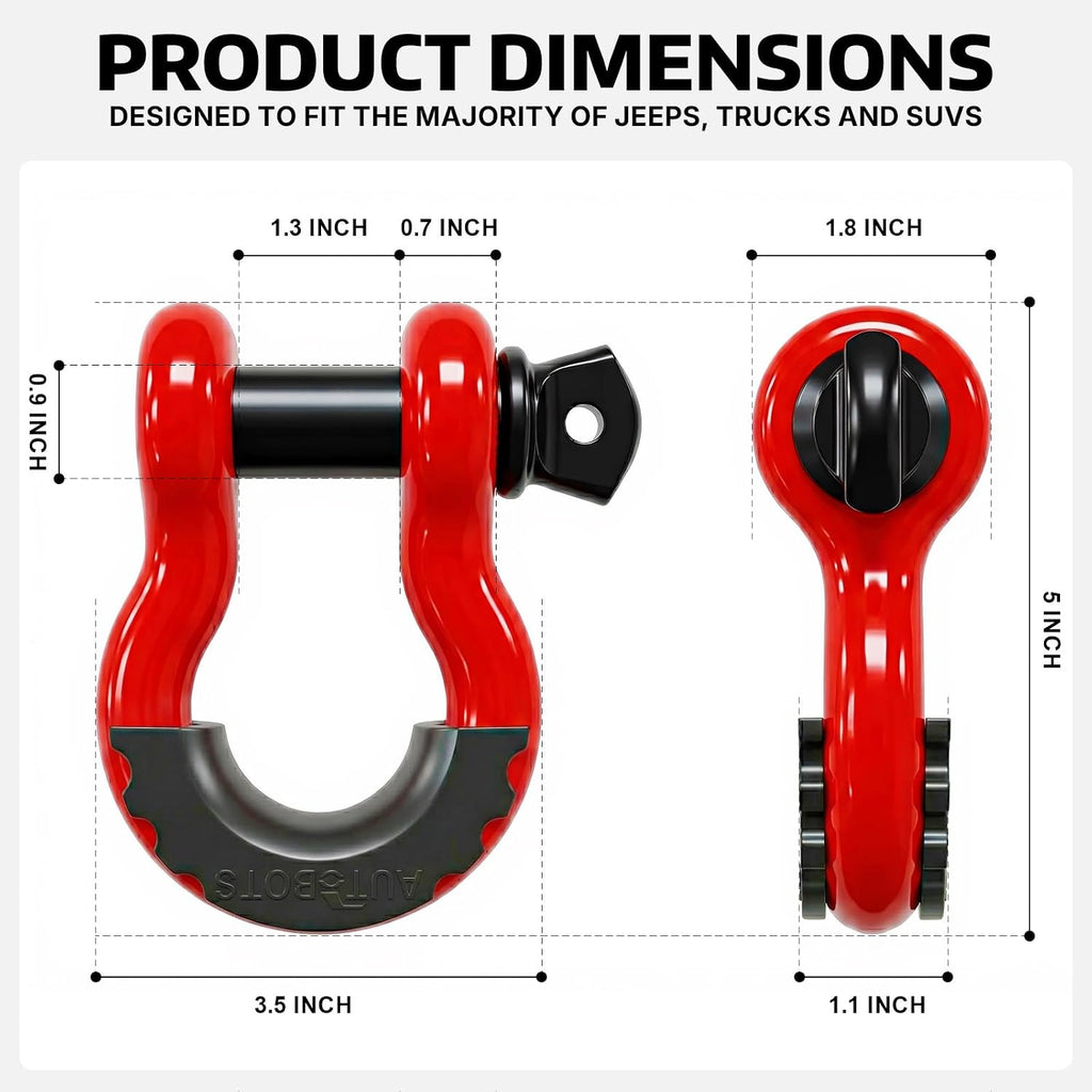 AUTOBOTS D Ring Shackles 3/4" Heavy Duty Red | 45,000lb Break Strength, Clevis Shackle with 7/8 Pin and Isolator Washers, for Tow Strap Jeep Vehicle Off Road Recovery
