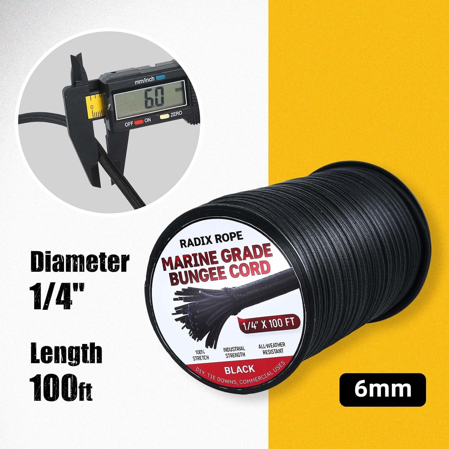 Marine Grade Bungee Cords Heavy Duty Outdoor - Bungee Cord Roll - 100% Stretch Elastic Cord and Absorbent Bungee Shock Cord for Kayak Deck, Camping, Crafting (1/4" x 100ft)