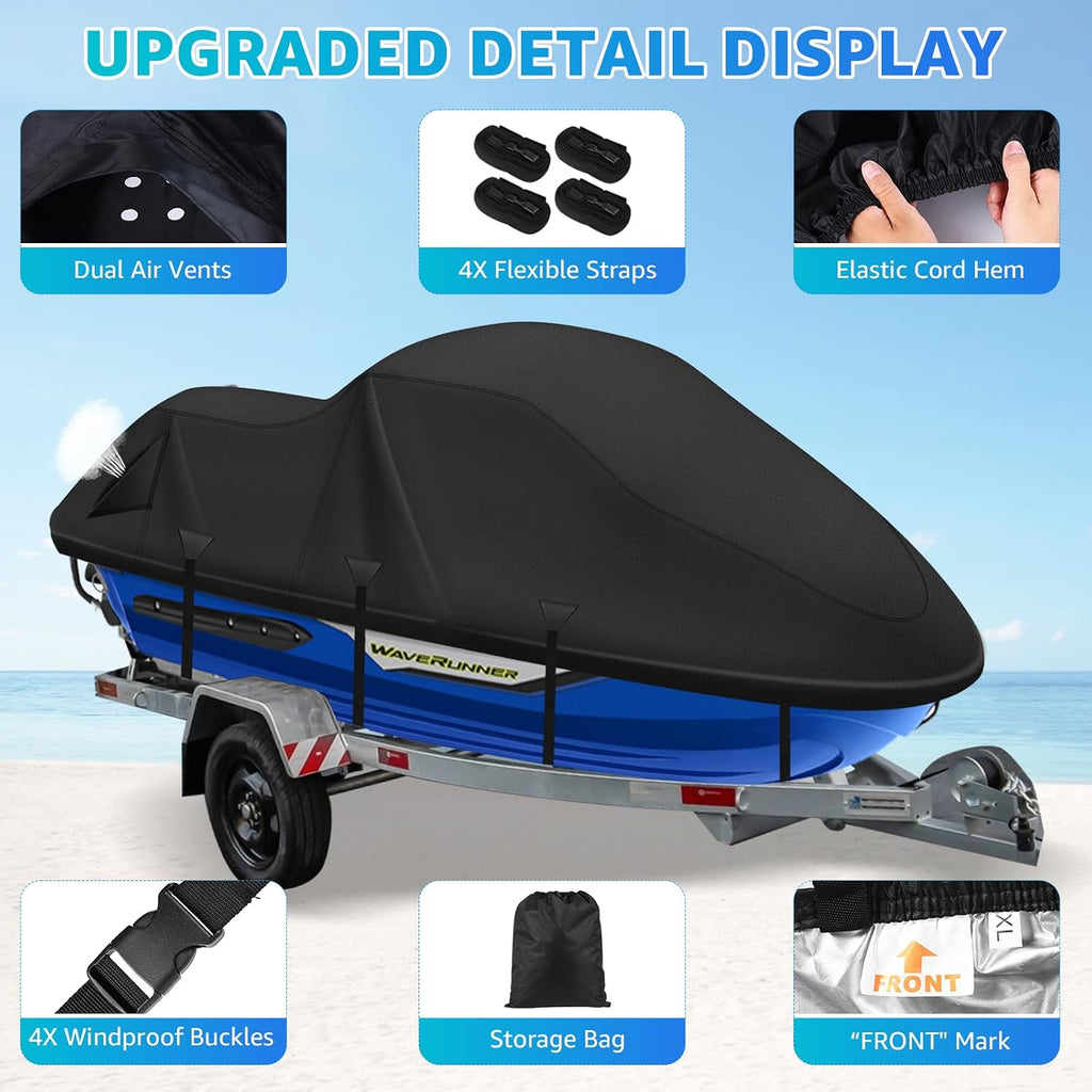 Jet Ski Cover,420D Waterproof Jetski Covers with 2 Vents & 4 Windproof Buckles UV Protection Universal Waverunner Cover Fits Yamaha Seadoo from 116" to 125"(Black)
