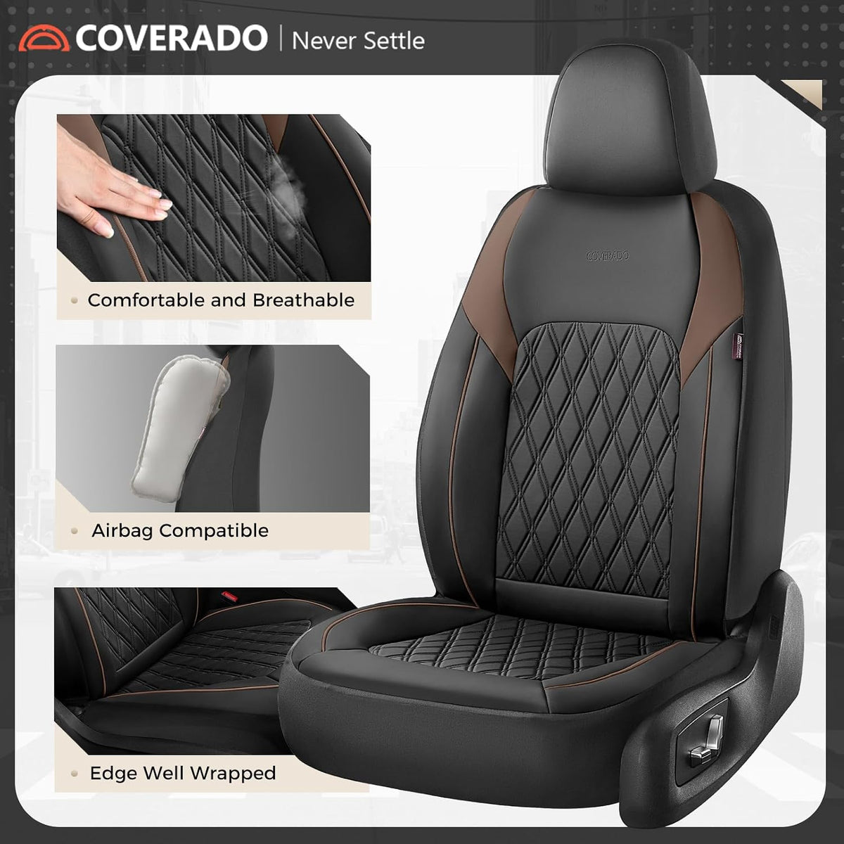 coverado leather seat covers, front and back seat showing dimensions