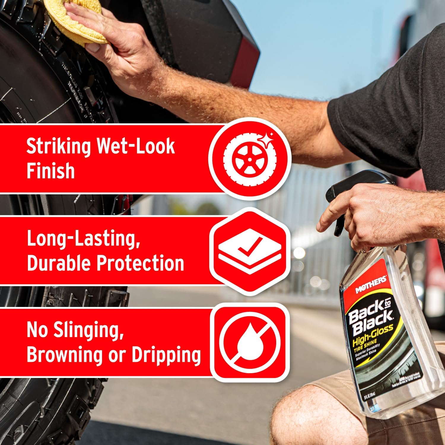 Mothers Back-to-Black High-Gloss Tire Shine, 24 oz. — Maximum Shine, Wet-Look, Long-Lasting Protective Barrier, Superior Durability, Striking Finish, Surface Care Technology (06924)