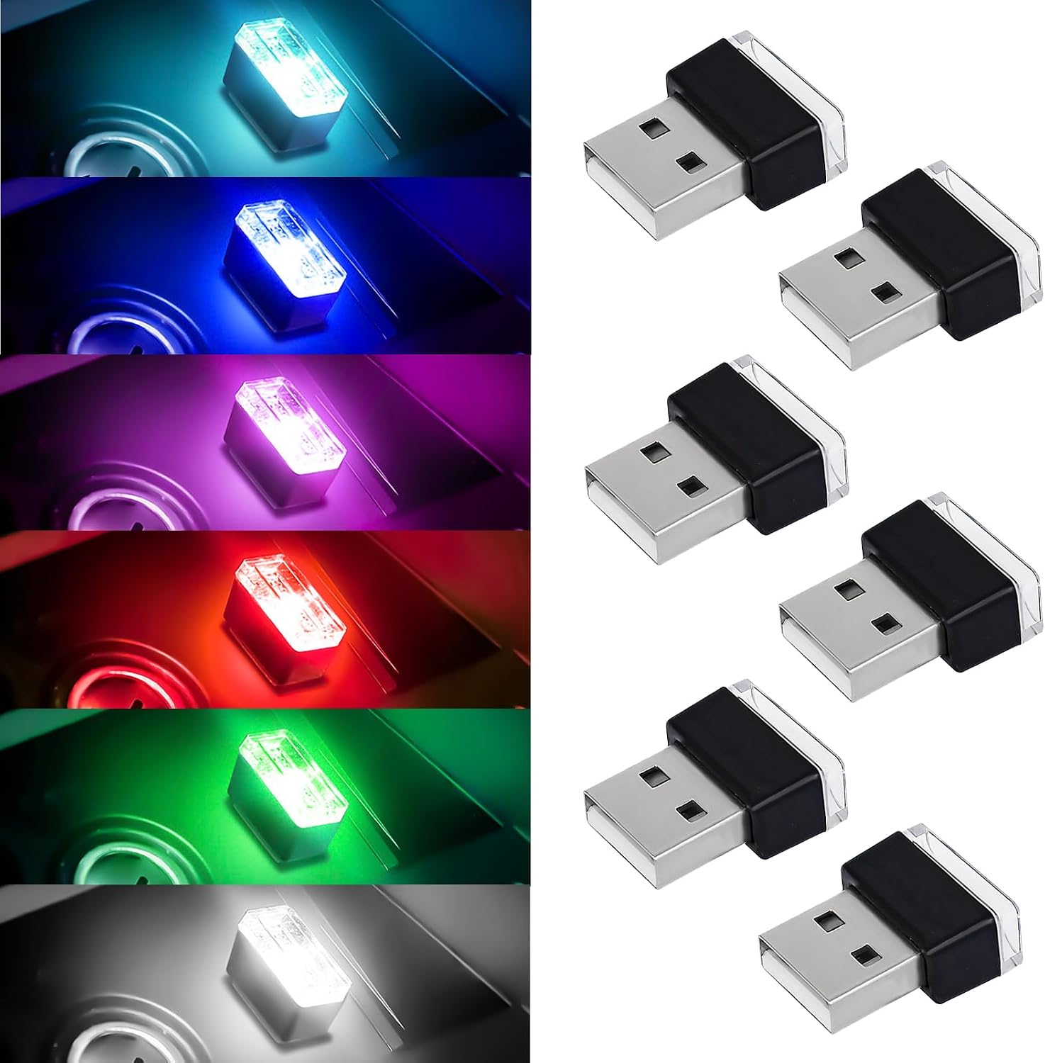 6 PCS USB LED Car Interior Atmosphere Lamp, Portable Mini Auto LED Decor Night Light, Plug-in USB Interface Ambient Lighting Kit, Universal Car Interior Accessories (6 Colors)
