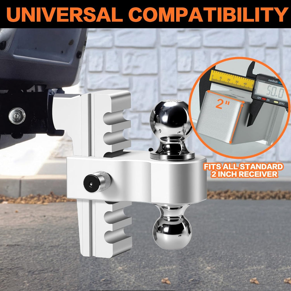 Aircraft Aluminum Adjustable Trailer Hitch for 2 Inch Receiver, Tow Dual Ball 2'' & 2-5/16'' Towing Weight 12,500 LBS, 6'' Drop/Rise, Lightweight/Anti Rust Anti Rattle, Bulletproof Lock Pin
