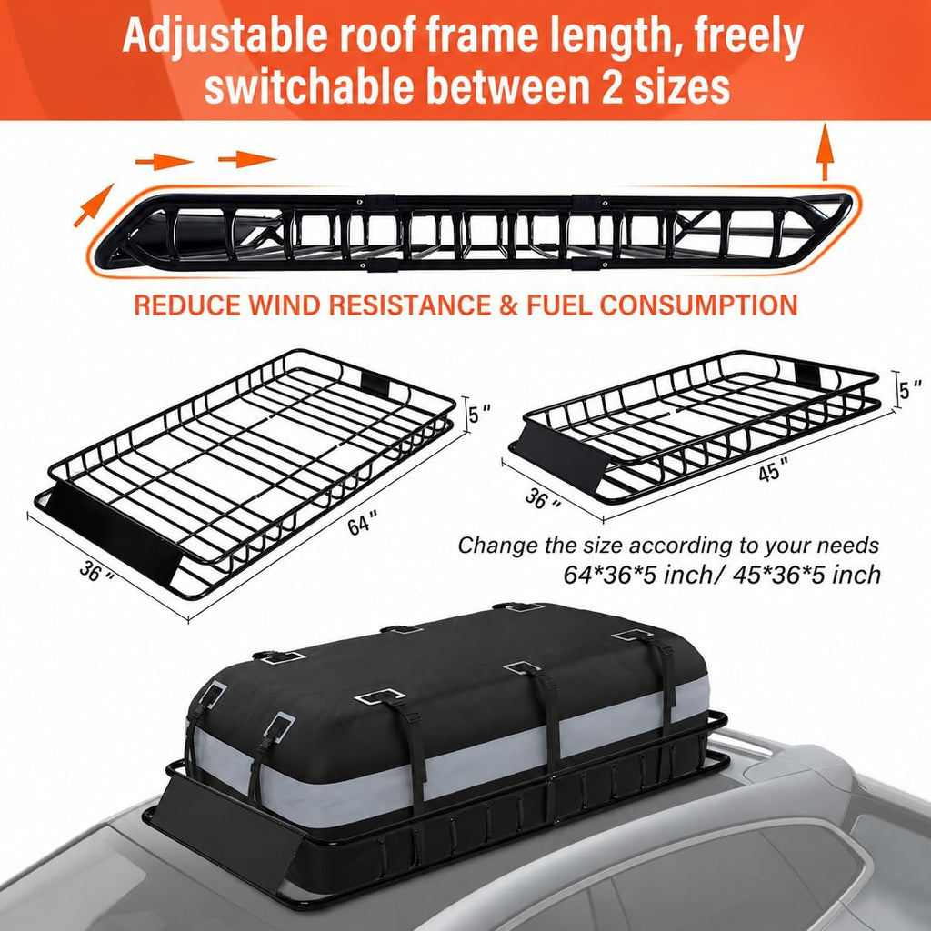 Adjustable Roof Rack Basket 45"-64" x 36" x 5" with 20 Cu.Ft Waterproof Cargo Bag - Heavy Duty Steel Cargo Carrier for SUV Truck Van, 250 lbs Capacity, Complete Accessory Kit